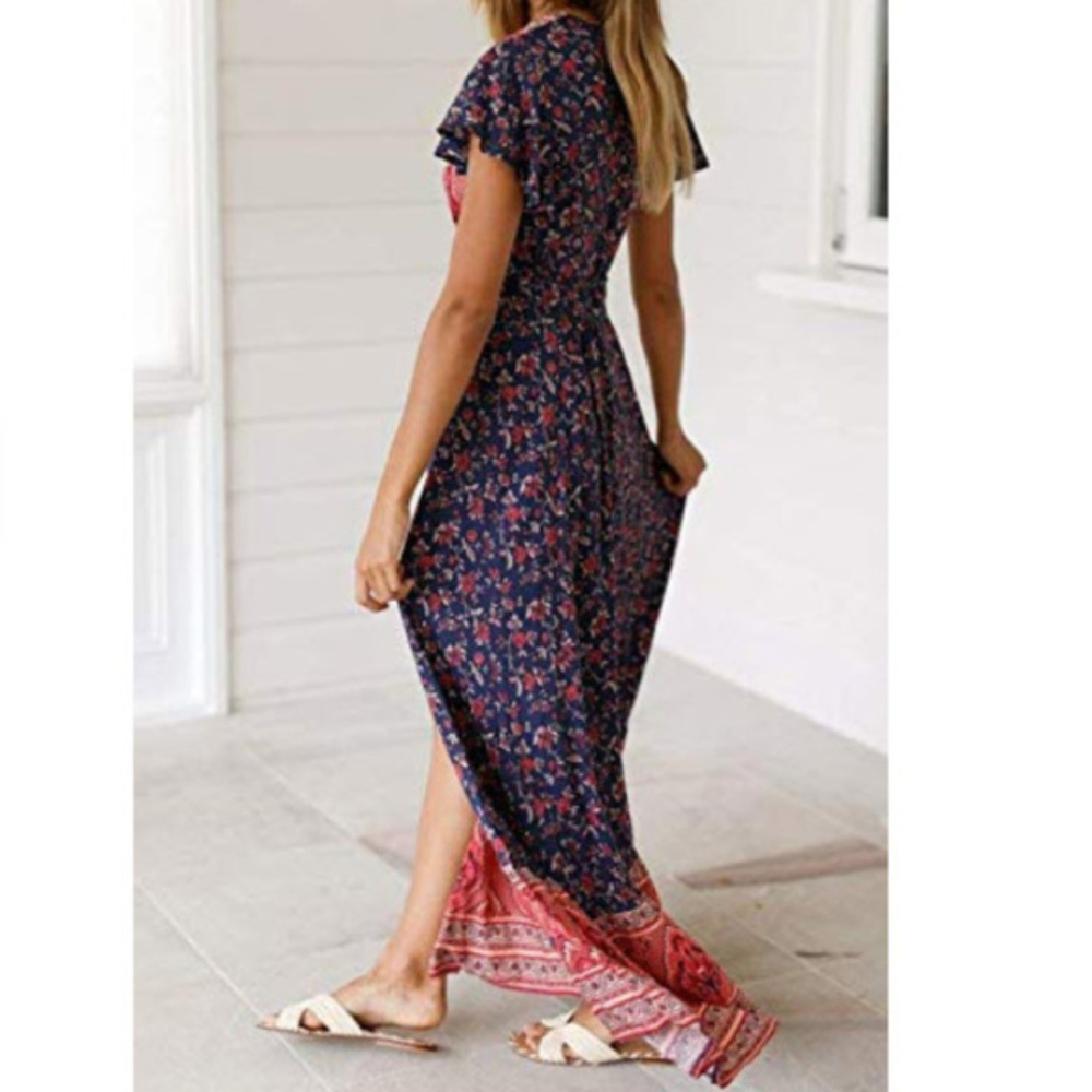 sexy boho floral Printed Wrap v-neck dress SIZE L - Picture 6 of 8